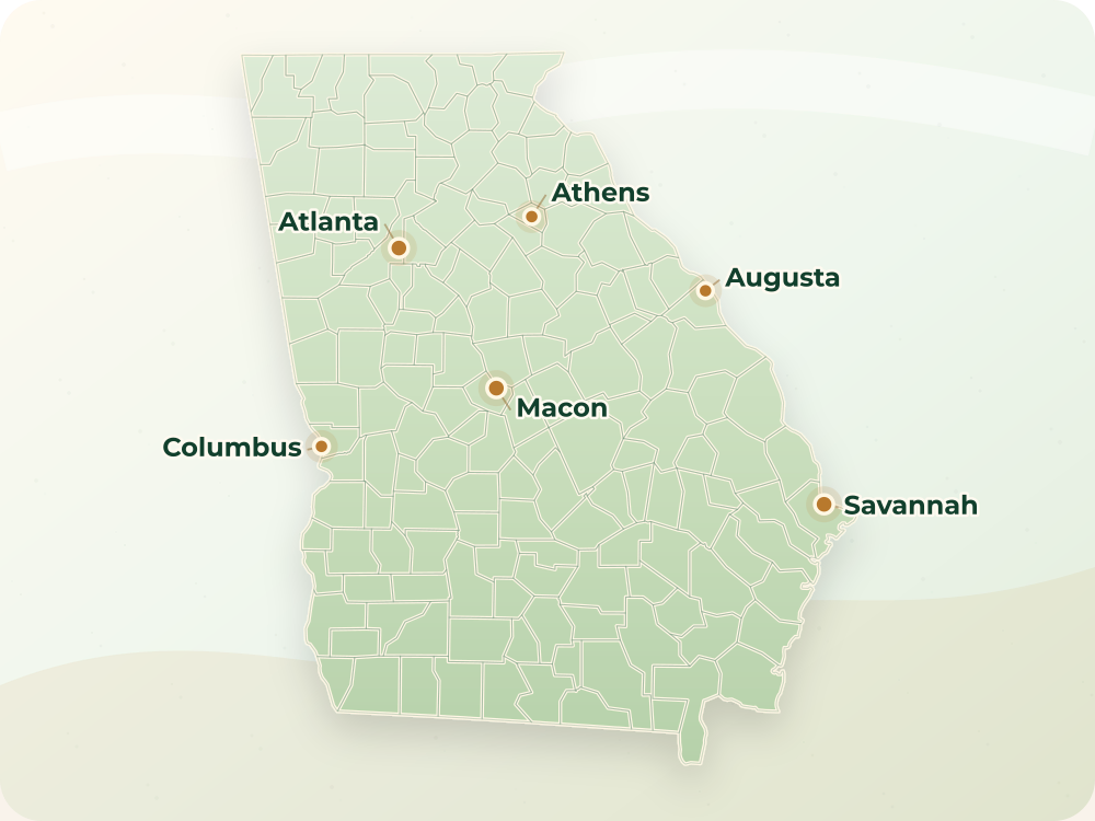 Map-inspired Georgia land service area graphic showing major cities